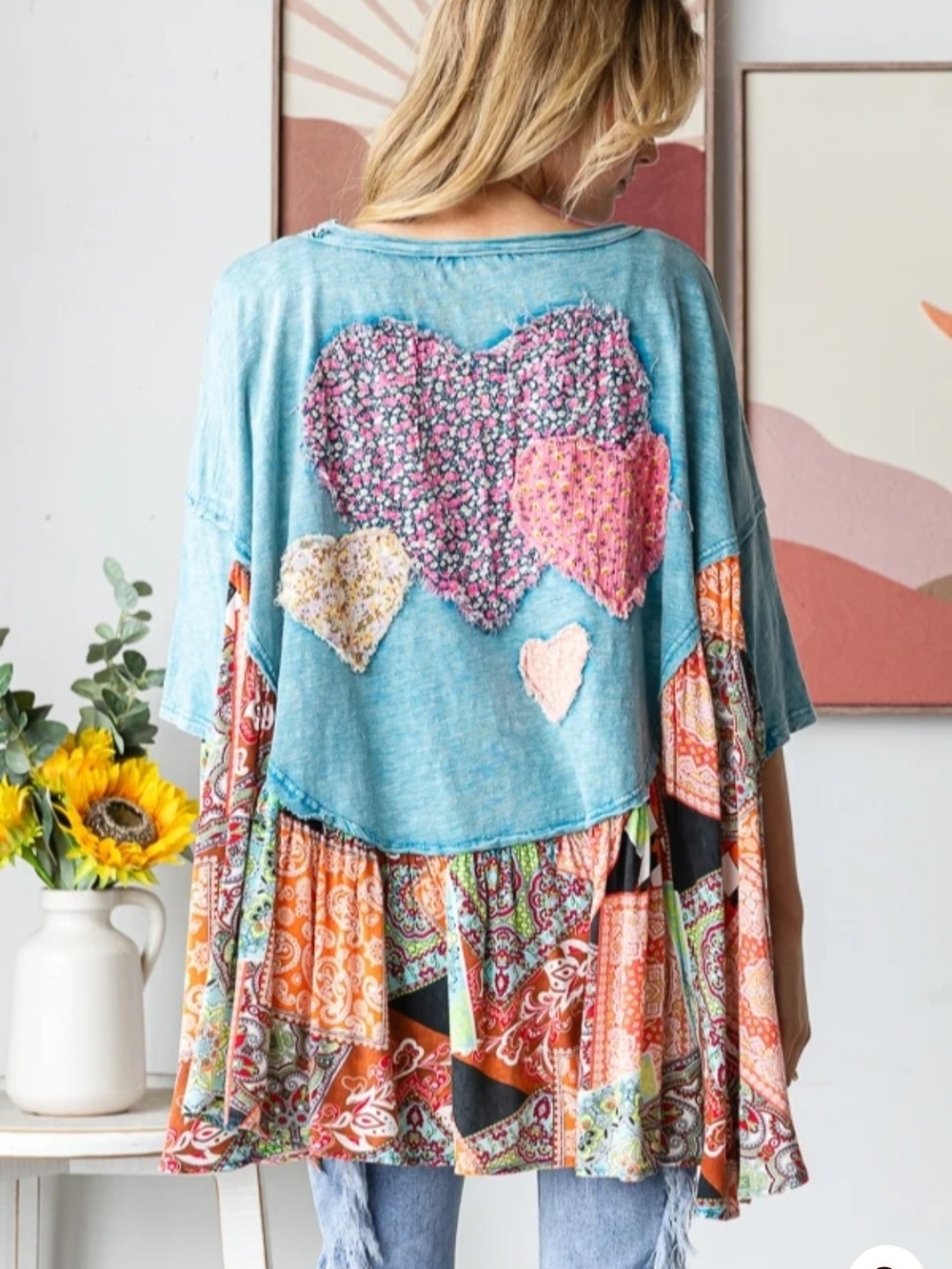 NEW!!! Oli And Hali WASHED ROUND NECK LOVE PATCHWORK RUFFLE HEM TOP, Sz XL - Picture 6 of 6
